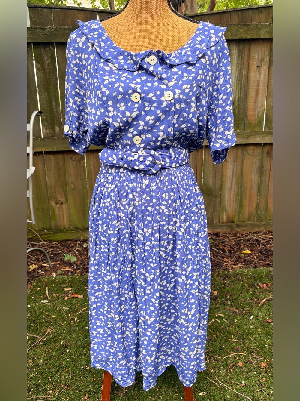 Vintage Eileen West Blue Floral Prairie Dress Belted Pleated Midi USA